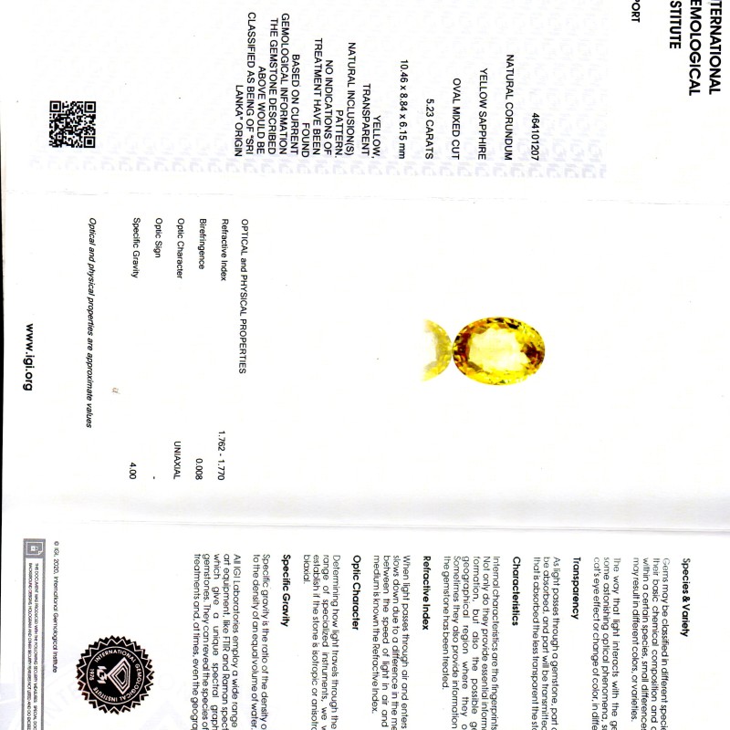 5.23 Ct IGI Certified Unheated Untreated Natural Ceylon Yellow Sapphire 5.23 Ct IGI Certified Unheated Untreated Natural Ceylon Yellow Sapphire