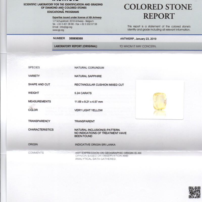 5.24 Ct IGI Certified Unheated Untreated Natural Ceylon Yellow Sapphire 5.24 Ct IGI Certified Unheated Untreated Natural Ceylon Yellow Sapphire