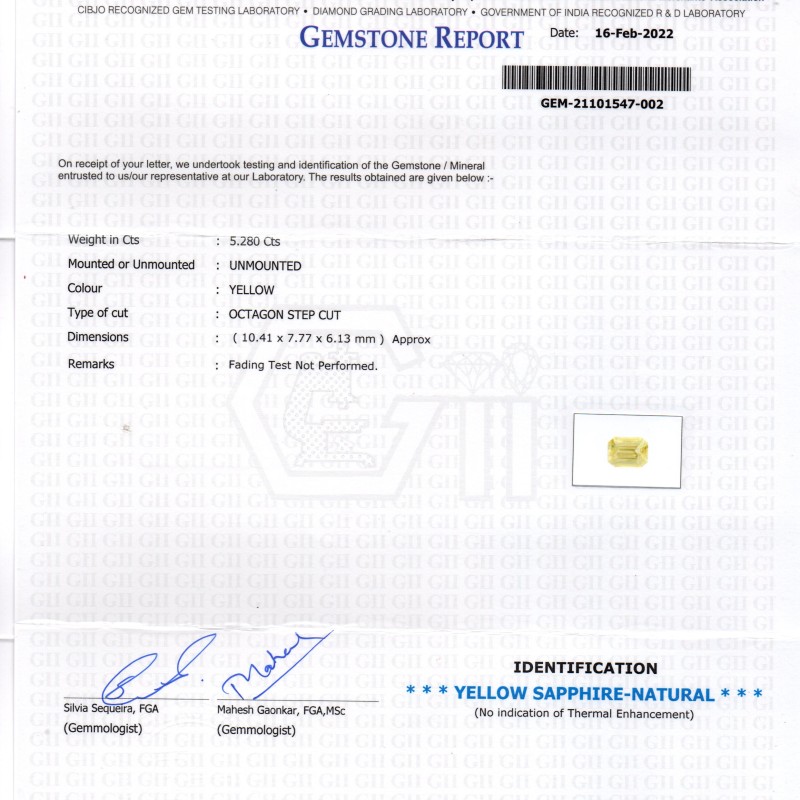 5.28 Ct GII Certified Unheated Untreated Natural Ceylon Yellow Sapphire AAA
