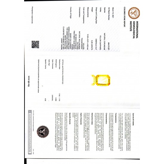 5.28 Ct IGI Certified Unheated Untreated Natural Ceylon Yellow Sapphire AAA