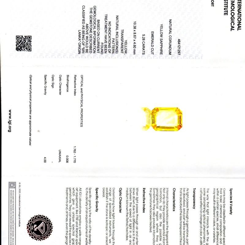 5.28 Ct IGI Certified Unheated Untreated Natural Ceylon Yellow Sapphire AAA 5.28 Ct IGI Certified Unheated Untreated Natural Ceylon Yellow Sapphire AAA