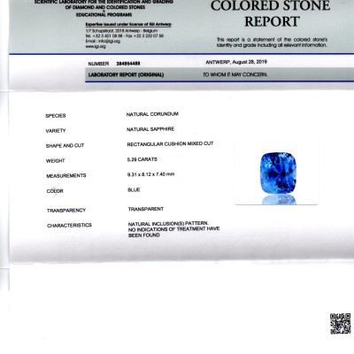 5.29 Ct IGI Certified Unheated Untreated Natural Ceylon Blue Sapphire 5.29 Ct IGI Certified Unheated Untreated Natural Ceylon Blue Sapphire