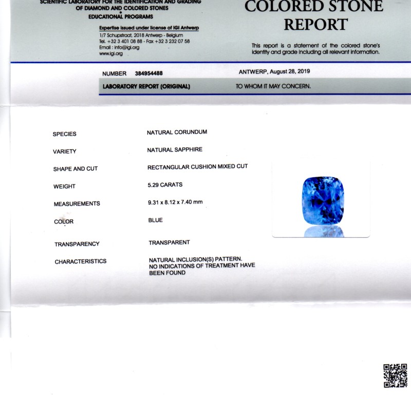 5.29 Ct IGI Certified Unheated Untreated Natural Ceylon Blue Sapphire 5.29 Ct IGI Certified Unheated Untreated Natural Ceylon Blue Sapphire