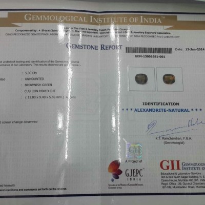 5.30 Ct Untreated Natural Colour Changing Alexandrite GII Certified 5.30 Ct Untreated Natural Colour Changing Alexandrite GII Certified