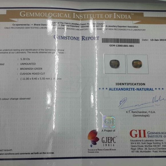 5.30 Ct Untreated Natural Colour Changing Alexandrite GII Certified 5.30 Ct Untreated Natural Colour Changing Alexandrite GII Certified