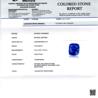 5.30 Ct Deep Blue Unheated Untreated Natural Burma Blue Sapphire 5.30 Ct Deep Blue Unheated Untreated Natural Burma Blue Sapphire
