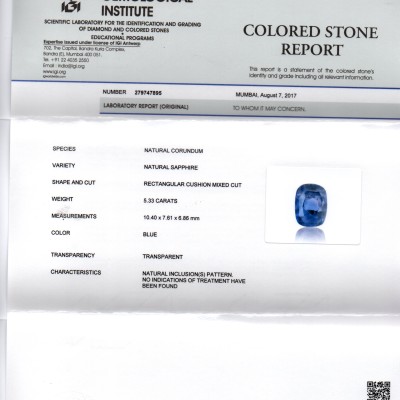 5.33 Ct IGI Certified Unheated Untreated Natural Ceylon Blue Sapphire AA 5.33 Ct IGI Certified Unheated Untreated Natural Ceylon Blue Sapphire AA