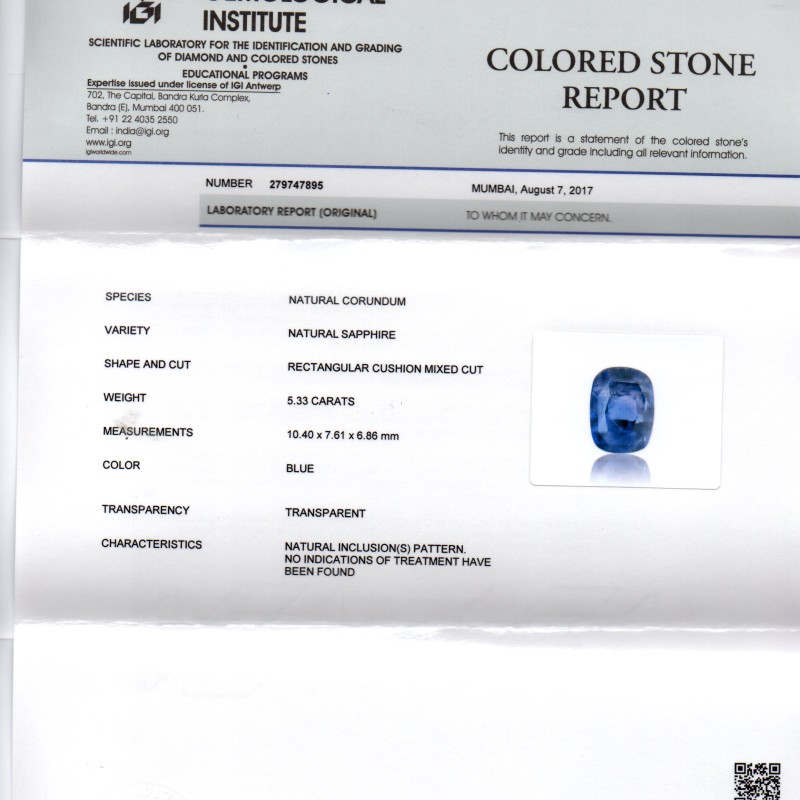 5.33 Ct IGI Certified Unheated Untreated Natural Ceylon Blue Sapphire AA 5.33 Ct IGI Certified Unheated Untreated Natural Ceylon Blue Sapphire AA