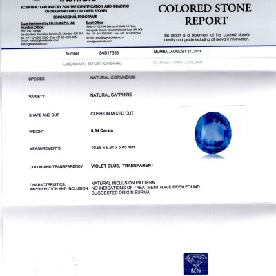 5.34 Ct IGI Certified Unheated Untreated Natural Burma Blue Sapphire 5.34 Ct IGI Certified Unheated Untreated Natural Burma Blue Sapphire