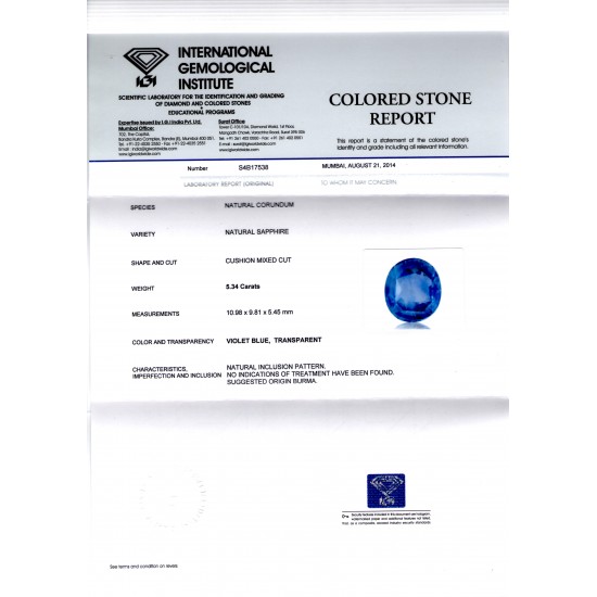 5.34 Ct IGI Certified Unheated Untreated Natural Burma Blue Sapphire
