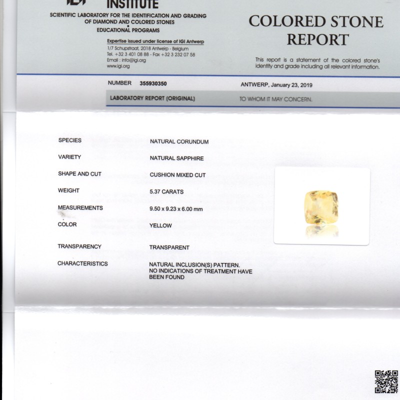 5.37 Ct IGI Certified Unheated Untreated Natural Ceylon Yellow Sapphire 5.37 Ct IGI Certified Unheated Untreated Natural Ceylon Yellow Sapphire