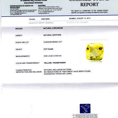 5.37 Ct Unheated Untreated Natural Ceylon Yellow Sapphire AAA 5.37 Ct Unheated Untreated Natural Ceylon Yellow Sapphire AAA