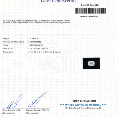 5.38 Ct GII Certified Unheated Untreated Natural Ceylon White Sapphire AAA 5.38 Ct GII Certified Unheated Untreated Natural Ceylon White Sapphire AAA
