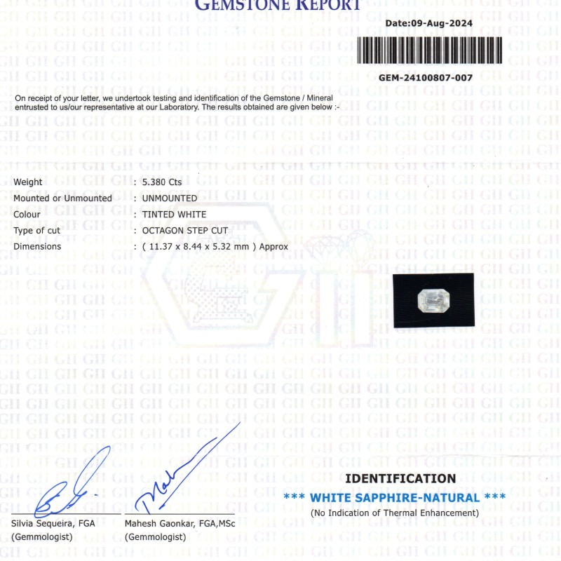 5.38 Ct GII Certified Unheated Untreated Natural Ceylon White Sapphire AAA 5.38 Ct GII Certified Unheated Untreated Natural Ceylon White Sapphire AAA