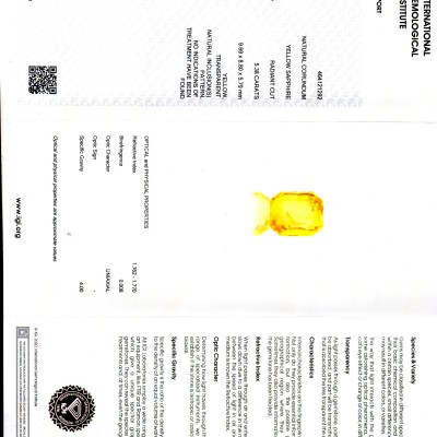 5.38 Ct IGI Certified Unheated Untreated Natural Ceylon Yellow Sapphire AAA 5.38 Ct IGI Certified Unheated Untreated Natural Ceylon Yellow Sapphire AAA