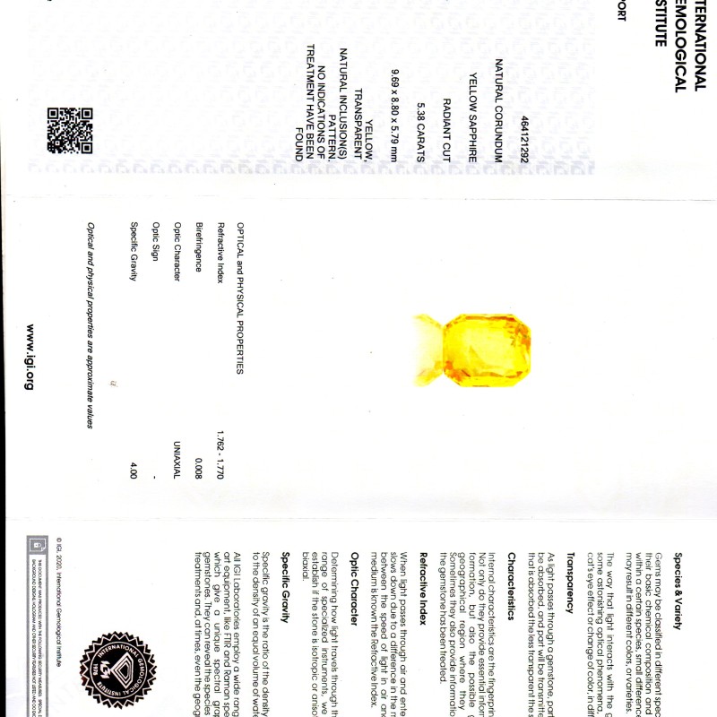 5.38 Ct IGI Certified Unheated Untreated Natural Ceylon Yellow Sapphire AAA 5.38 Ct IGI Certified Unheated Untreated Natural Ceylon Yellow Sapphire AAA