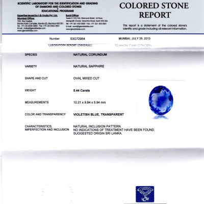 5.44 Ct Certified Unheated Untreated Natural Ceylon Blue Sapphire 5.44 Ct Certified Unheated Untreated Natural Ceylon Blue Sapphire