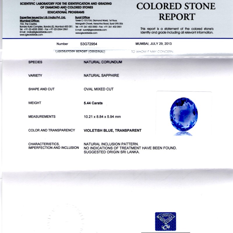 5.44 Ct Certified Unheated Untreated Natural Ceylon Blue Sapphire 5.44 Ct Certified Unheated Untreated Natural Ceylon Blue Sapphire