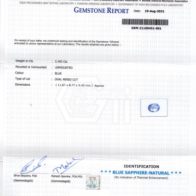 5.48 Ct GII Certified Unheated Untreated Natural Ceylon Blue Sapphire 5.48 Ct GII Certified Unheated Untreated Natural Ceylon Blue Sapphire