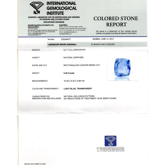 5.49 Ct IGI Certified Unheated Untreated Natural Ceylon Blue Sapphire