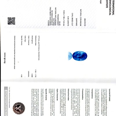 5.49 Ct IGI Certified Unheated Untreated Natural Ceylon Blue Sapphire AA 5.49 Ct IGI Certified Unheated Untreated Natural Ceylon Blue Sapphire AA