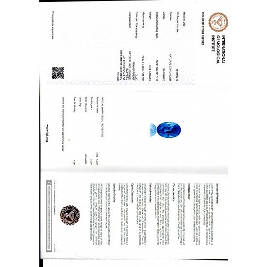 5.49 Ct IGI Certified Unheated Untreated Natural Ceylon Blue Sapphire AA