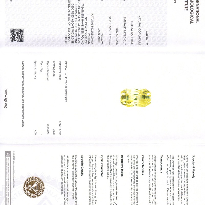 5.52 Ct IGI Certified Unheated Untreated Natural Ceylon Yellow Sapphire