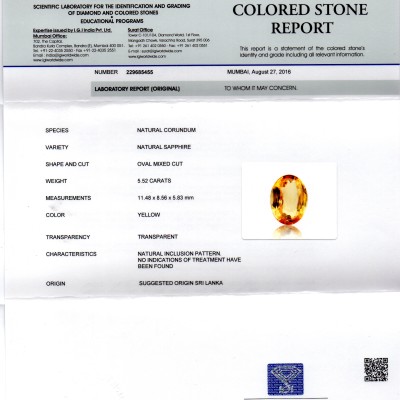 5.52 Ct Unheated Untreated Natural Ceylon Yellow Sapphire AAA++ 5.52 Ct Unheated Untreated Natural Ceylon Yellow Sapphire AAA++