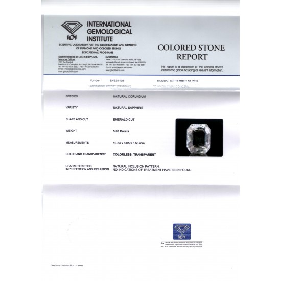 5.53 Ct IGI Certified Unheated Untreated Natural Premium White Sapphire