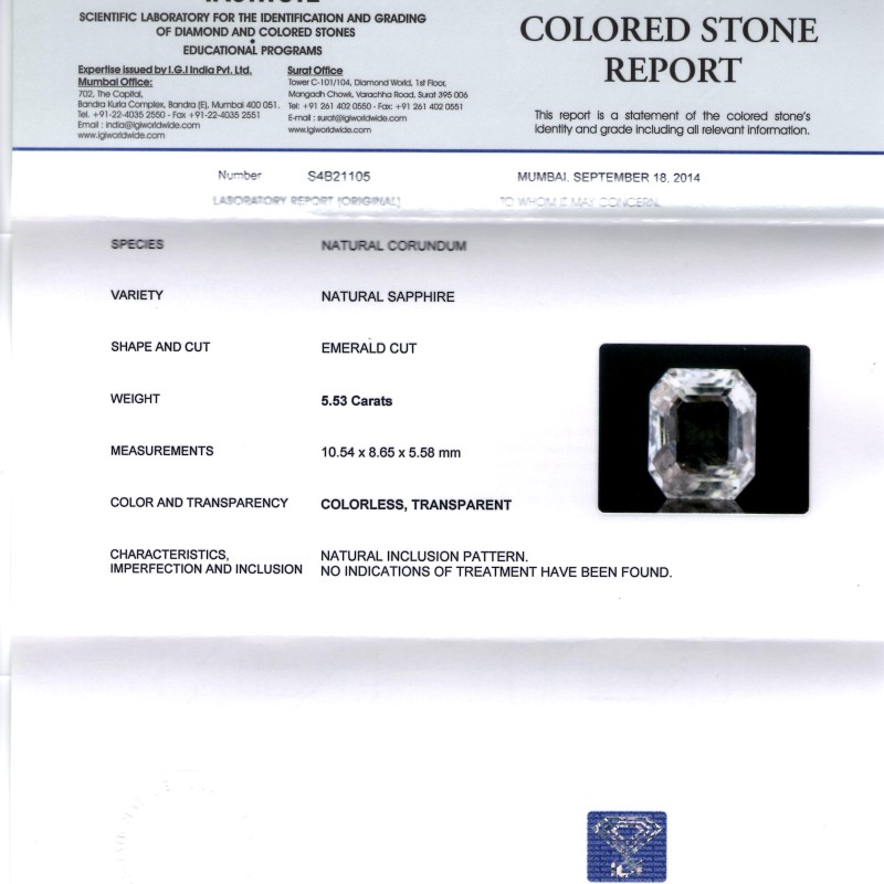 5.53 Ct IGI Certified Unheated Untreated Natural Premium White Sapphire 5.53 Ct IGI Certified Unheated Untreated Natural Premium White Sapphire