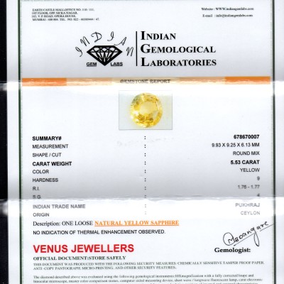 5.53 Ct Untreated Natural Ceylon Yellow Sapphire Gemstones AA