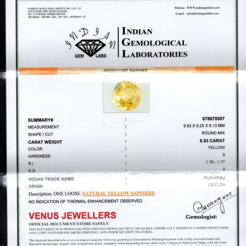 5.53 Ct Untreated Natural Ceylon Yellow Sapphire Gemstones AA