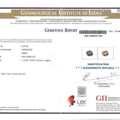 5.57 Ct Untreated Natural Certified Colour Changing Alexandrite 5.57 Ct Untreated Natural Certified Colour Changing Alexandrite