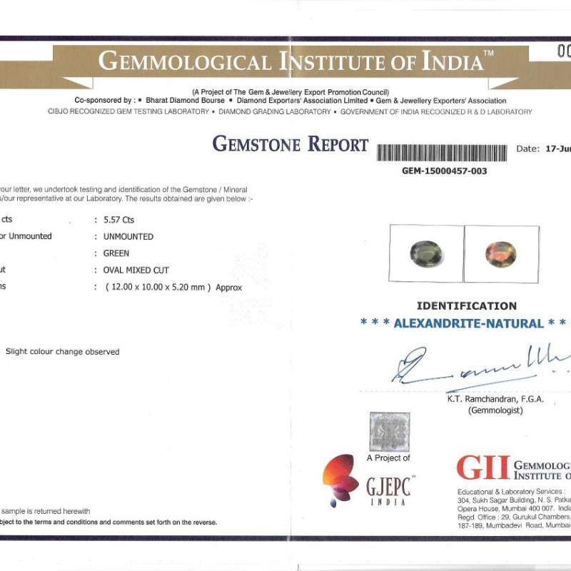 5.57 Ct Untreated Natural Certified Colour Changing Alexandrite 5.57 Ct Untreated Natural Certified Colour Changing Alexandrite