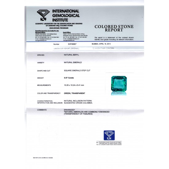5.57 Ct Top Quality IGI Certified Natural Eye Clean Colombian Emerald AAAAA