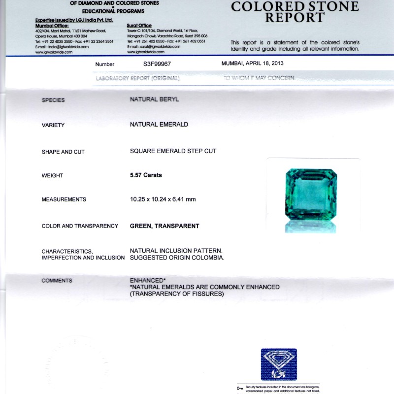 5.57 Ct Top Quality IGI Certified Natural Eye Clean Colombian Emerald AAAAA
