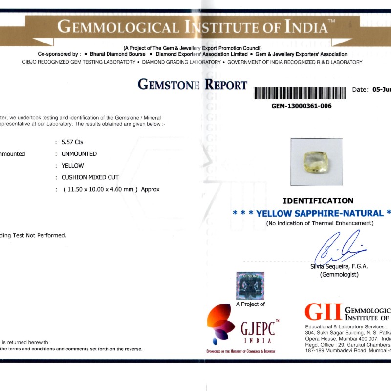 5.57 Ct GII Certified Unheated Natural Ceylon Yellow Sapphire/Pukhraj AAA 5.57 Ct GII Certified Unheated Natural Ceylon Yellow Sapphire/Pukhraj AAA