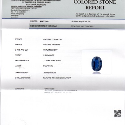 5.59 Ct IGI Certified Untreated Natural Ceylon Deep Blue Sapphire AA 5.59 Ct IGI Certified Untreated Natural Ceylon Deep Blue Sapphire AA