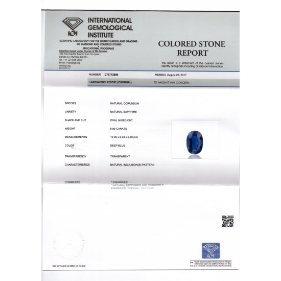 5.59 Ct IGI Certified Untreated Natural Ceylon Deep Blue Sapphire AA