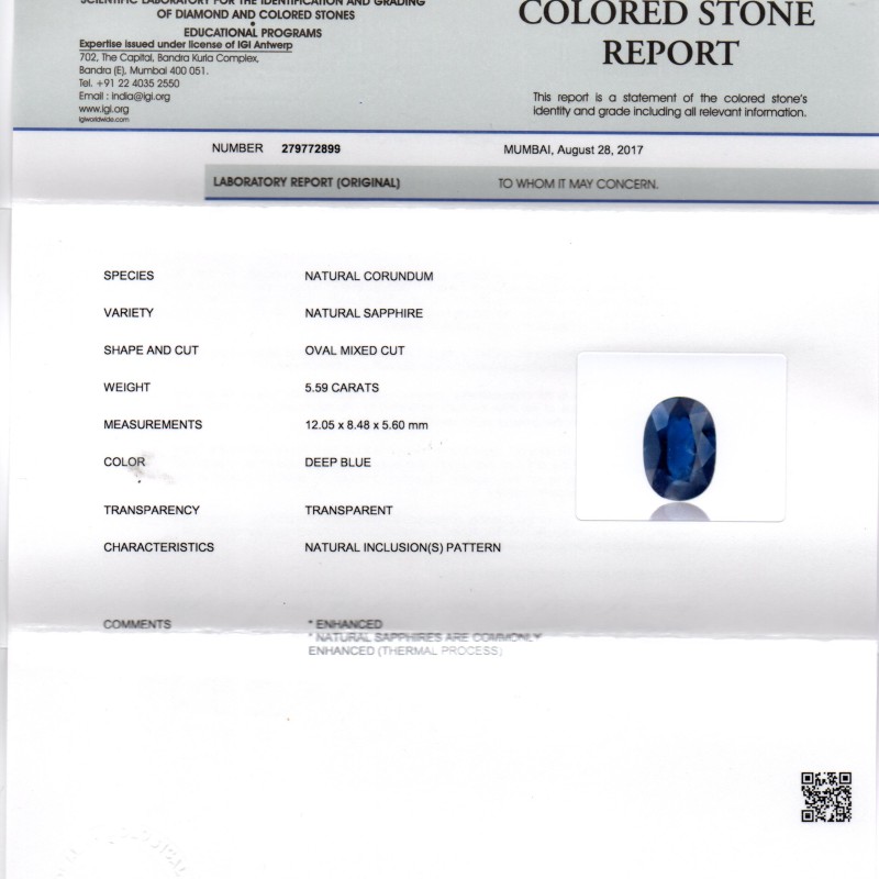 5.59 Ct IGI Certified Untreated Natural Ceylon Deep Blue Sapphire AA 5.59 Ct IGI Certified Untreated Natural Ceylon Deep Blue Sapphire AA
