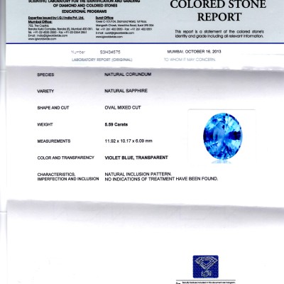 5.59 Ct Certified Unheated Untreated Natural Ceylon Blue Sapphire AAA 5.59 Ct Certified Unheated Untreated Natural Ceylon Blue Sapphire AAA