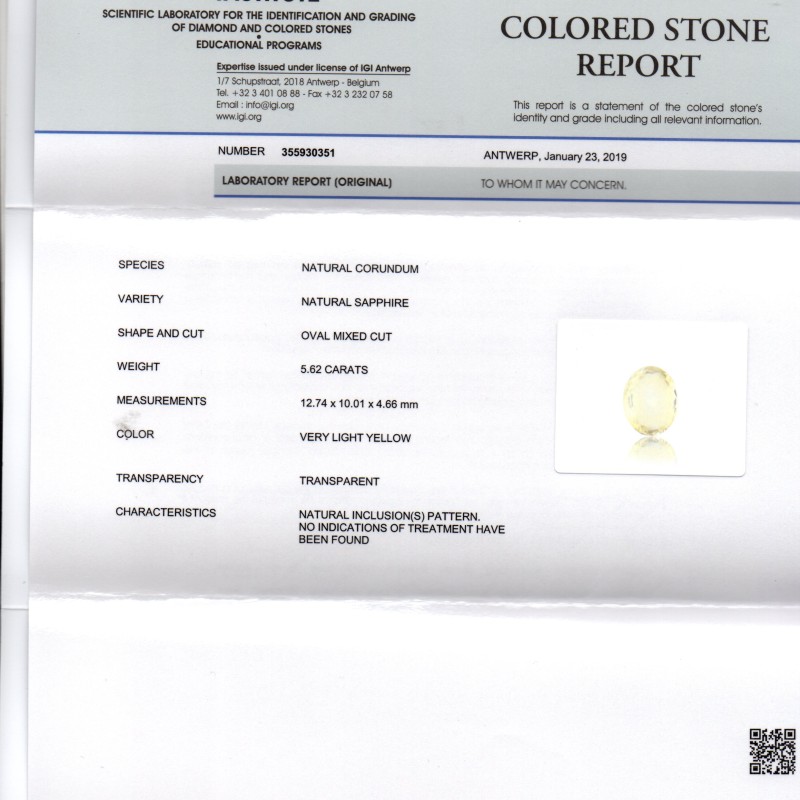 5.62 Ct IGI Certified Unheated Untreated Natural Ceylon Yellow Sapphire