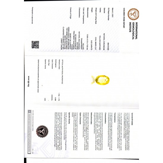 5.63 Ct IGI Certified Unheated Untreated Natural Ceylon Yellow Sapphire