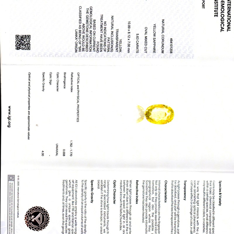 5.63 Ct IGI Certified Unheated Untreated Natural Ceylon Yellow Sapphire 5.63 Ct IGI Certified Unheated Untreated Natural Ceylon Yellow Sapphire