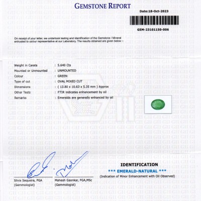5.64 Ct GII Certified Untreated Natural Zambian Emerald Panna Gems 5.64 Ct GII Certified Untreated Natural Zambian Emerald Panna Gems