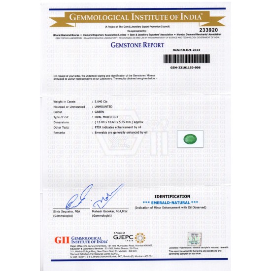 5.64 Ct GII Certified Untreated Natural Zambian Emerald Panna Gems