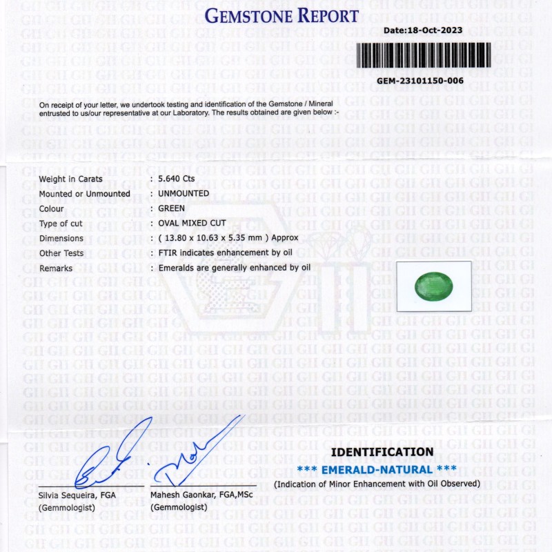 5.64 Ct GII Certified Untreated Natural Zambian Emerald Panna Gems 5.64 Ct GII Certified Untreated Natural Zambian Emerald Panna Gems