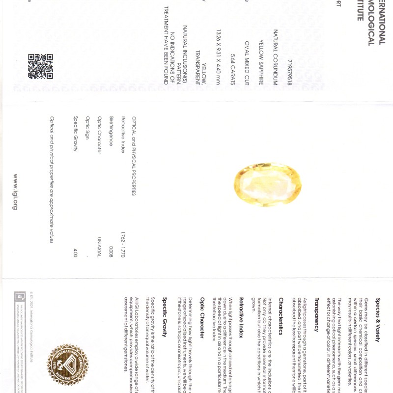 5.64 Ct IGI Certified Unheated Untreated Natural Ceylon Yellow Sapphire 5.64 Ct IGI Certified Unheated Untreated Natural Ceylon Yellow Sapphire