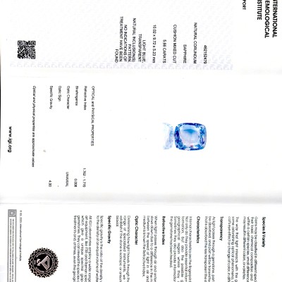 5.66 Ct IGI Certified Unheated Untreated Natural Ceylon Blue Sapphire AA 5.66 Ct IGI Certified Unheated Untreated Natural Ceylon Blue Sapphire AA