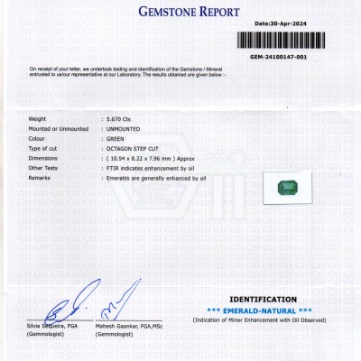 5.67 Ct GII Certified Untreated Natural Zambian Emerald Panna AAAA 5.67 Ct GII Certified Untreated Natural Zambian Emerald Panna AAAA